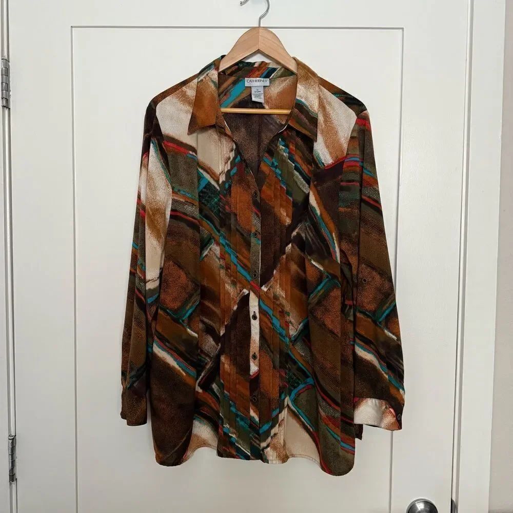 Catherines Pintucked Top Womens Sz 1X Brown Button Up 3/4 Sleeve Office Artsy